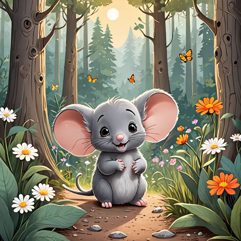 a mouse sitting in the middle of a forest with flowers and butterflies around it, with a sun in the background, sots art, a storybook illustration, Chris LaBrooy, storybook illustration