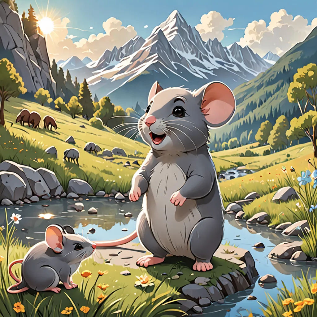 a mouse and a mouse sitting on a rock in a field with mountains in the background and a river running through it, sots art, a storybook illustration, Chris LaBrooy, official art