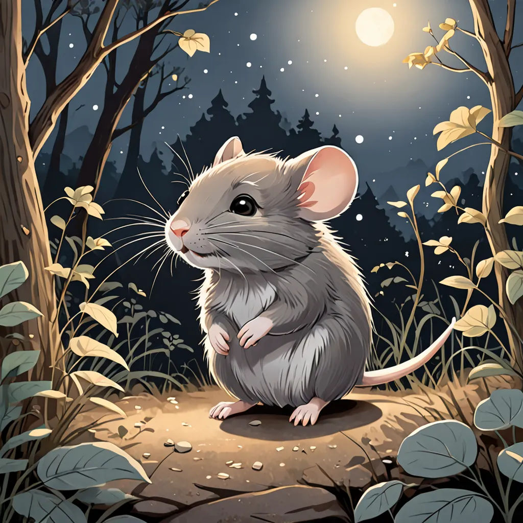 a mouse sitting on a rock in a forest at night with a full moon in the background and leaves and grass, sots art, a storybook illustration, Art Spiegelman, storybook illustration