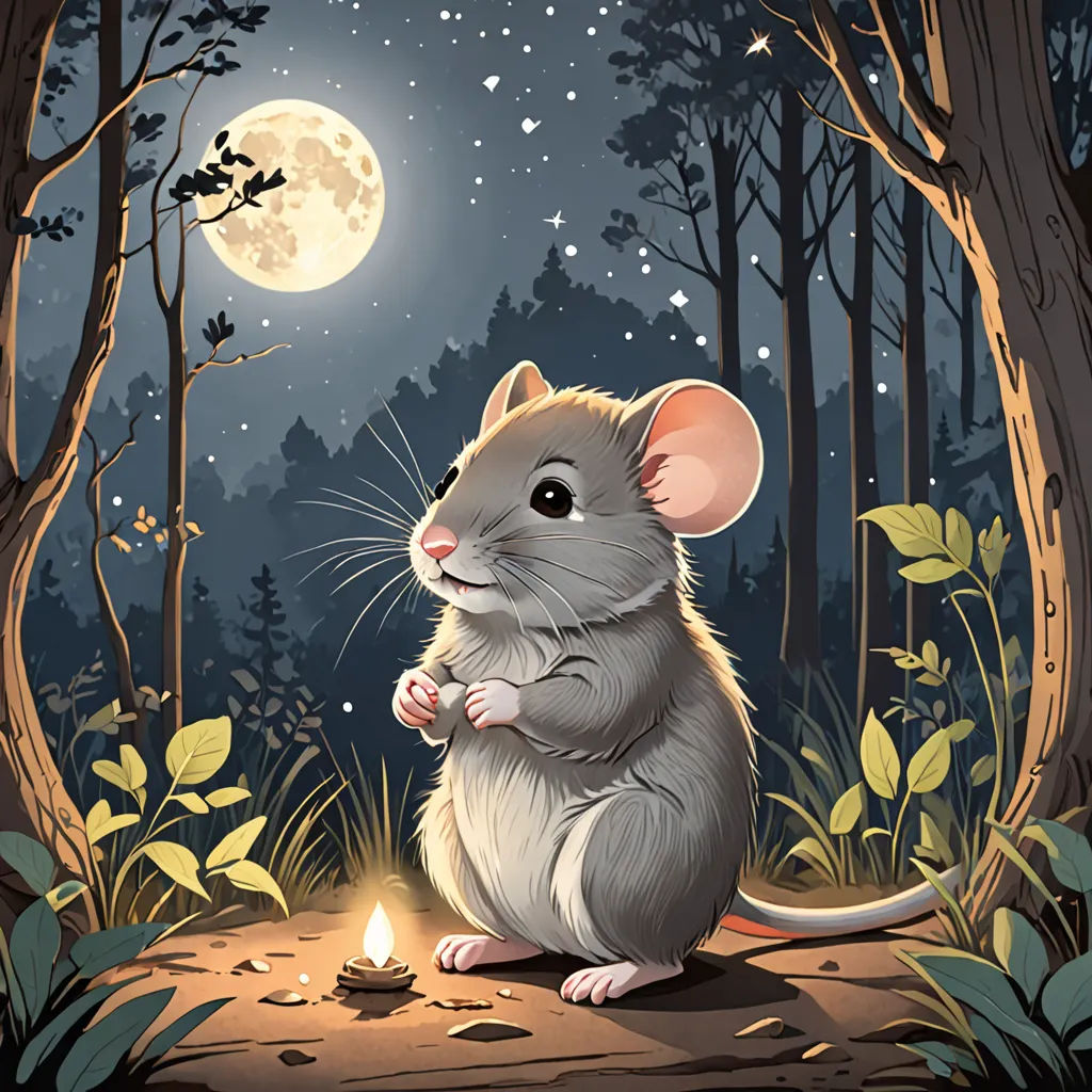 a mouse sitting in the middle of a forest at night with a full moon in the background and a lit candle in the foreground, fantasy art, a storybook illustration, Art Spiegelman, storybook illustration
