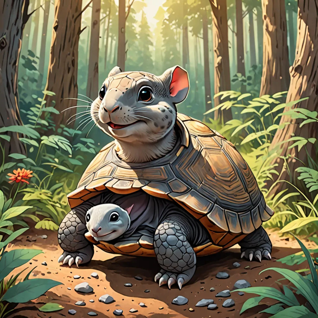 a painting of a turtle and a baby turtle in a forest with trees and rocks on the ground and sunlight shining through the trees, altermodern, a storybook illustration, Chris LaBrooy, official art