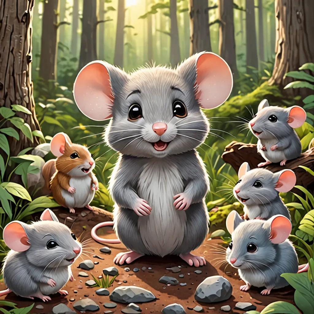 a group of mice sitting on a rock in the woods with a forest background and a forest scene behind them, sots art, a storybook illustration, Chris LaBrooy, official art