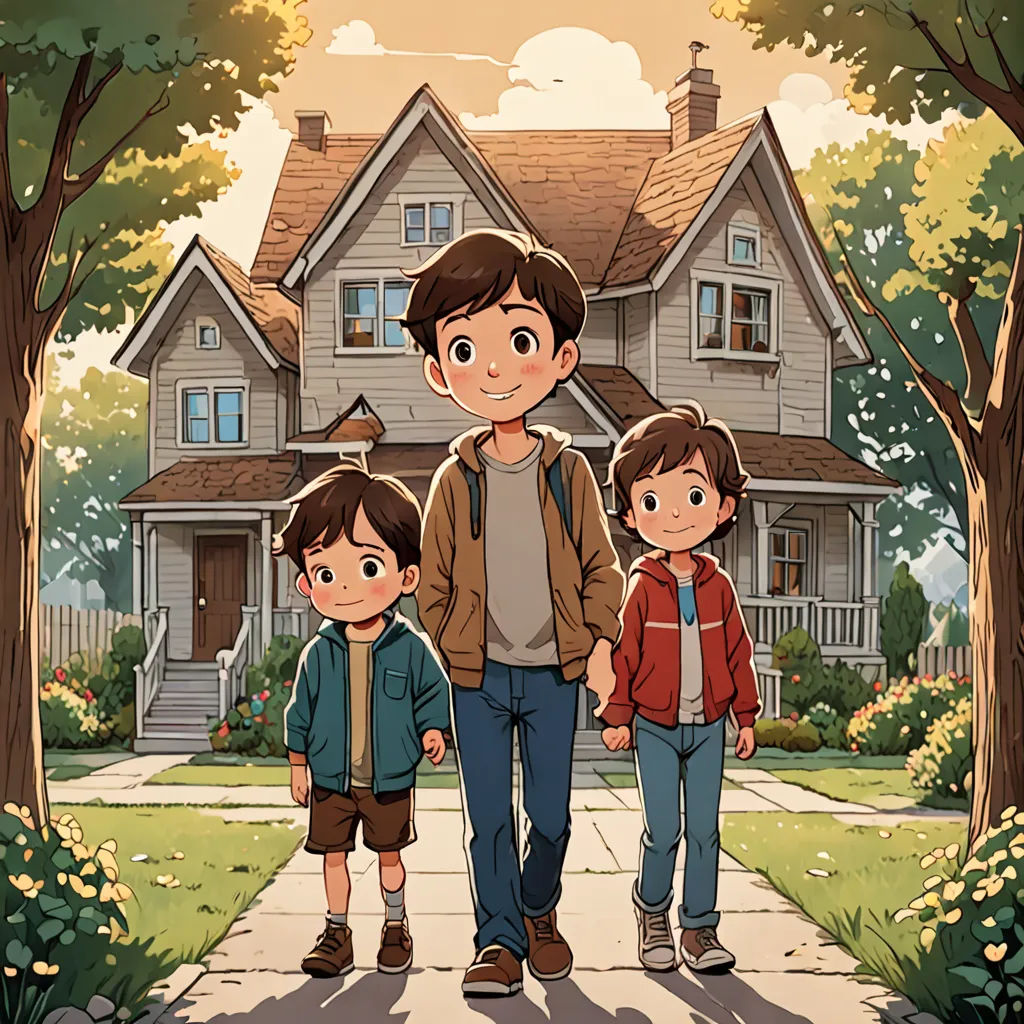 a man and two children walking down a sidewalk in front of a house with a tree in the foreground, vancouver school, a storybook illustration, Diego Gisbert Llorens, official art