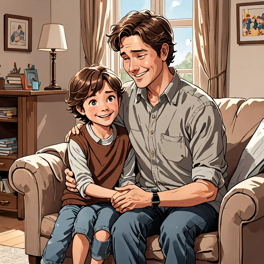 a man and a little girl sitting on a couch in a living room together, with a painting of a man and a little girl, dada, a comic book panel, Cliff Childs, official art