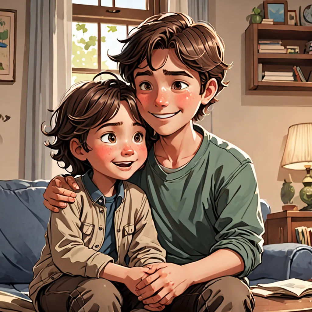 a man and a boy sitting on a couch in a living room together, with a bookcase in the background, lyco art, a comic book panel, Diego Gisbert Llorens, official art
