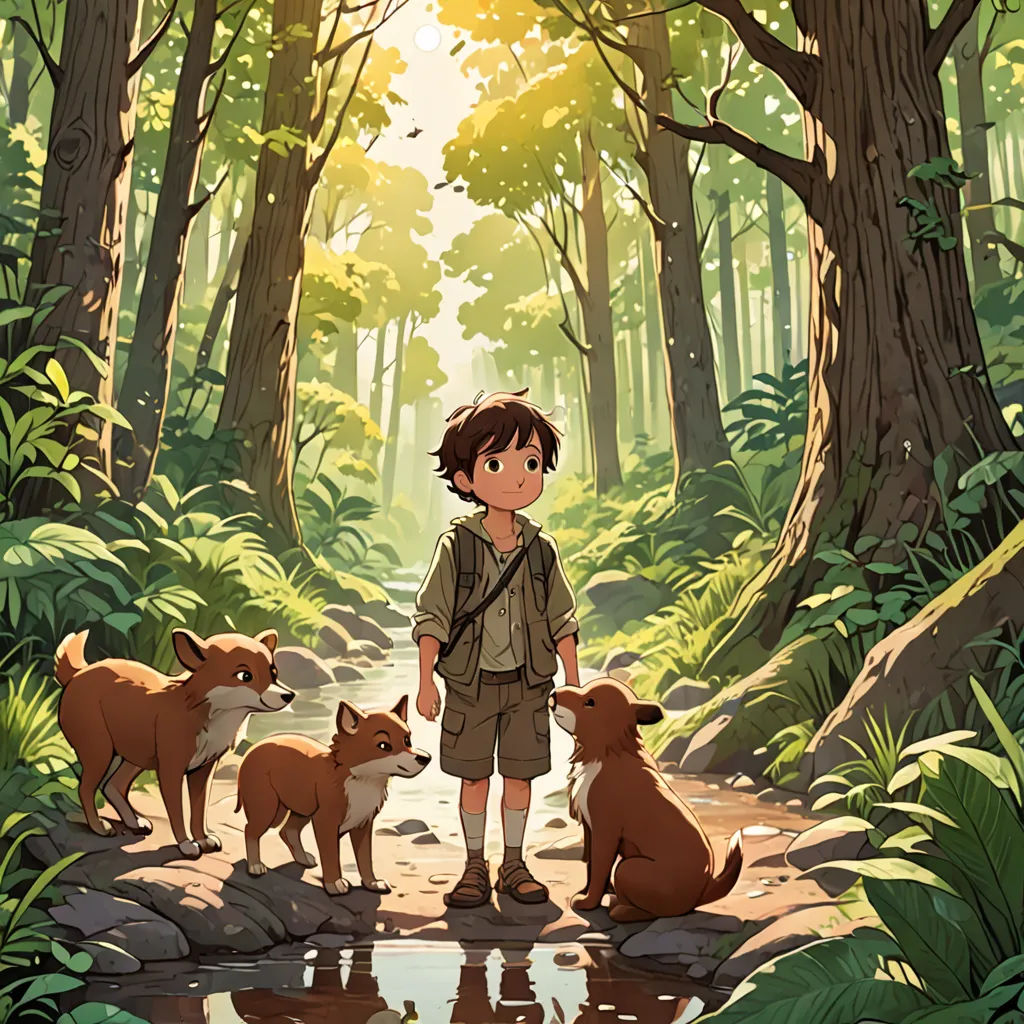 a boy standing in the woods with two dogs and a baby deer next to him and another dog looking at him, environmental art, a storybook illustration, Asaf Hanuka, official art