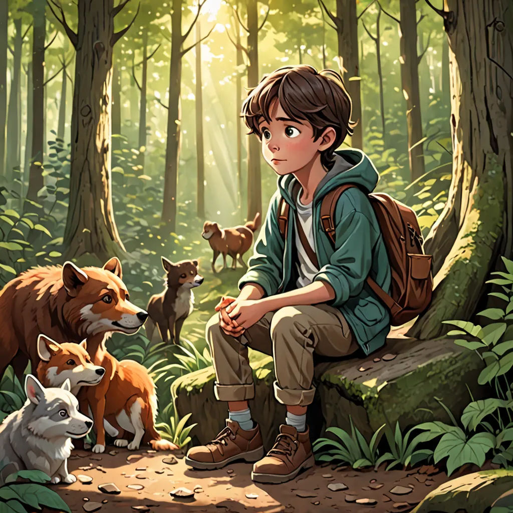 a boy sitting on a rock in the woods with two dogs and a fox nearby him, and a fox looking at him, fantasy art, a storybook illustration, Aaron Jasinski, rossdraws global illumination