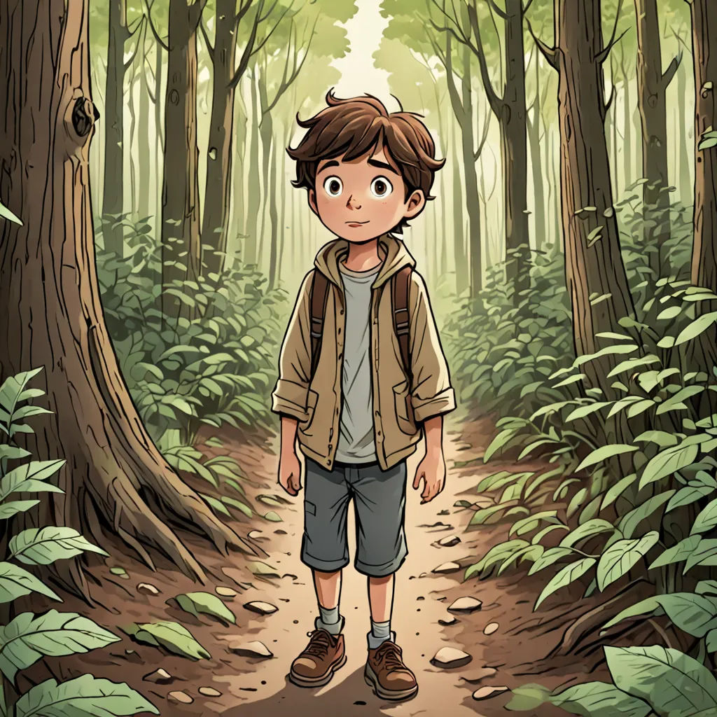 a boy standing in the middle of a forest with a trail in front of him and a forest background, serial art, a storybook illustration, Diego Gisbert Llorens, comic cover art