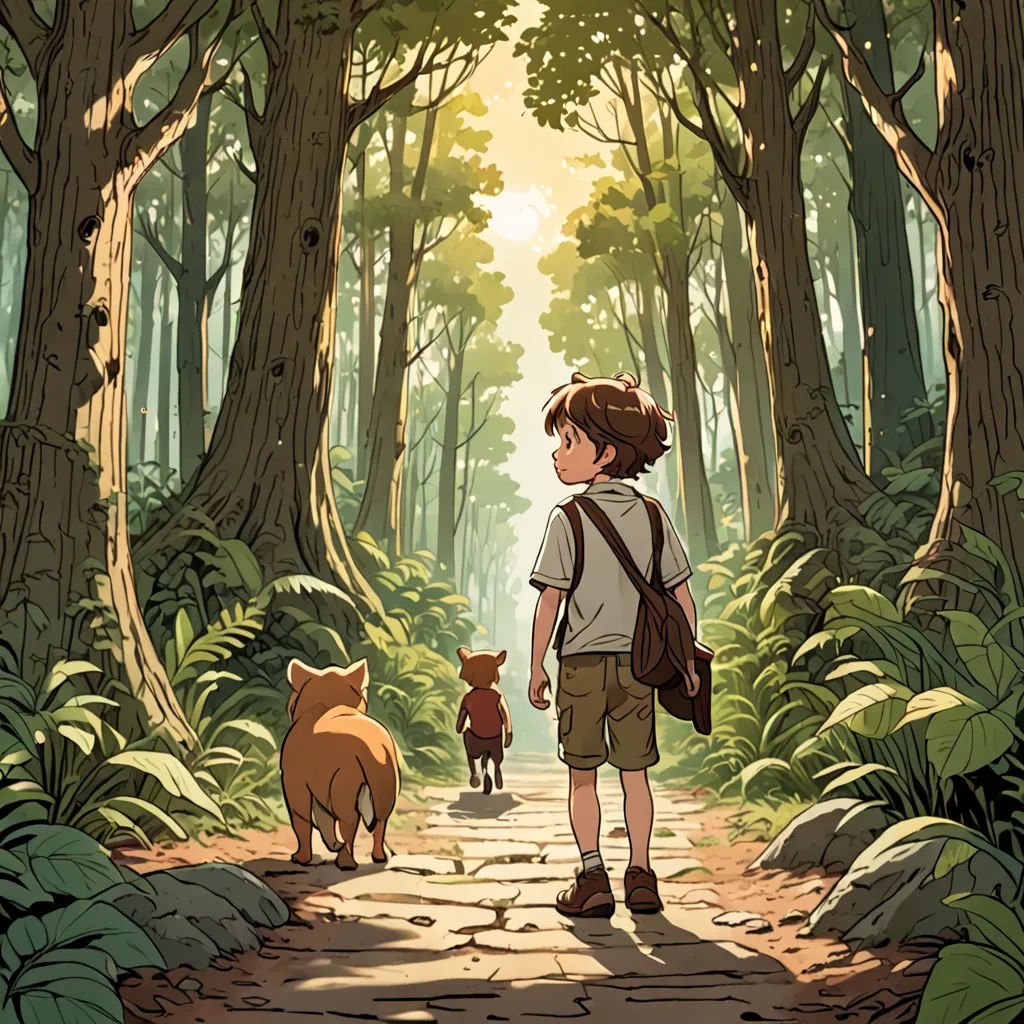 a boy and a dog walking through a forest with trees and rocks on the ground, and a path leading to the woods, furry art, poster art, Asaf Hanuka, color page