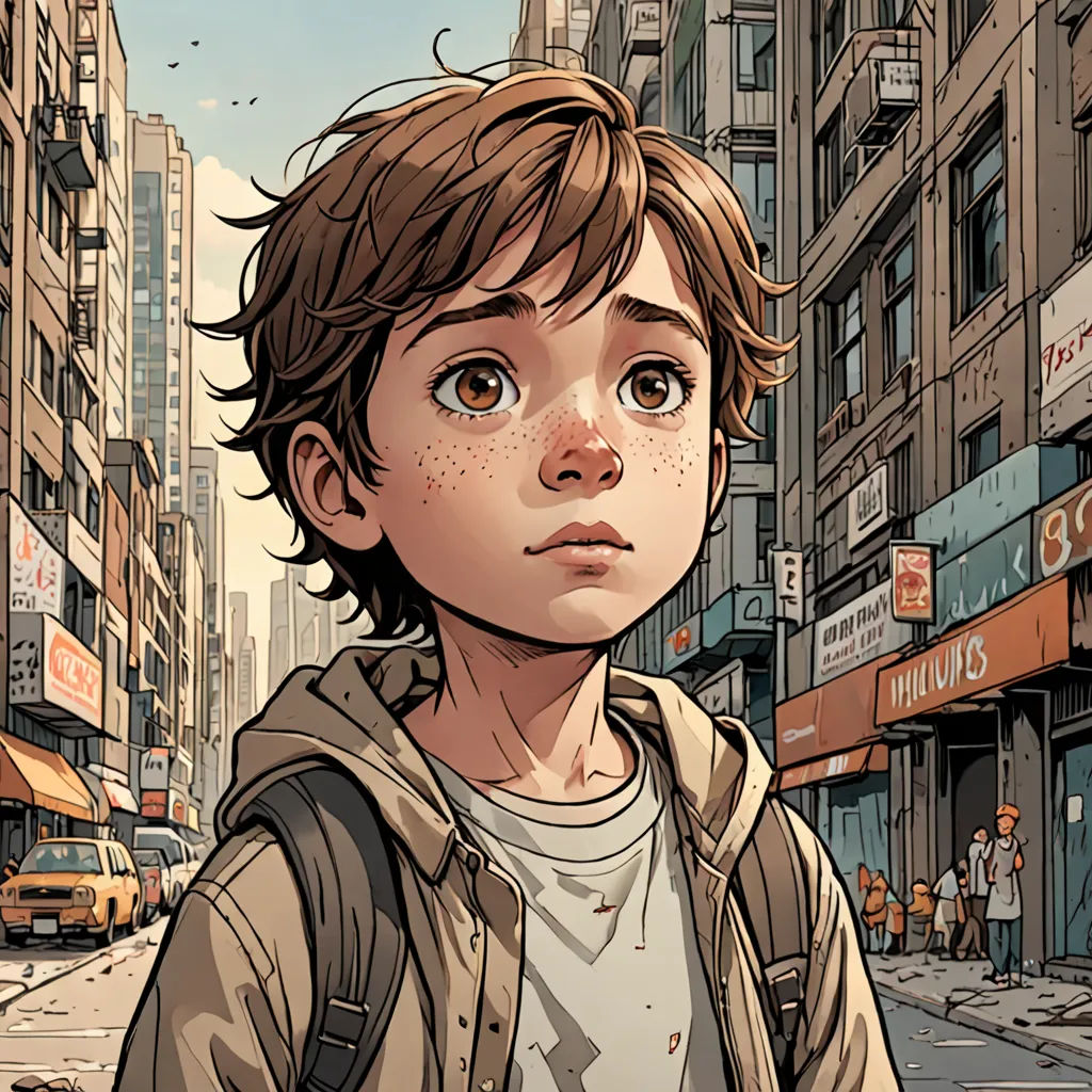 a boy in a jacket is standing on a street corner with a backpack on his shoulder and a city street in the background, hyperrealism, a comic book panel, Asaf Hanuka, stanley artgerm lau