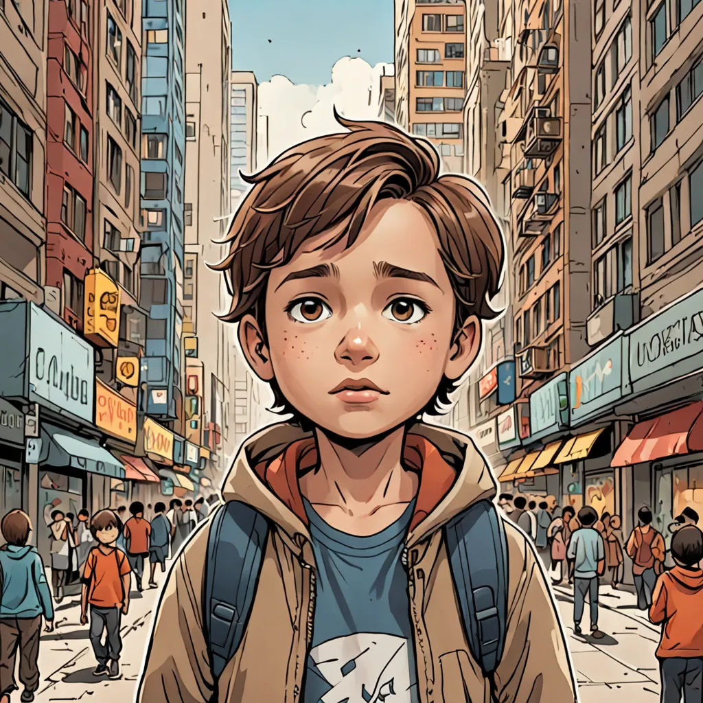 a boy standing in the middle of a city street with a backpack on his back and a backpack on his shoulder, photorealism, a comic book panel, Asaf Hanuka, graphic novel