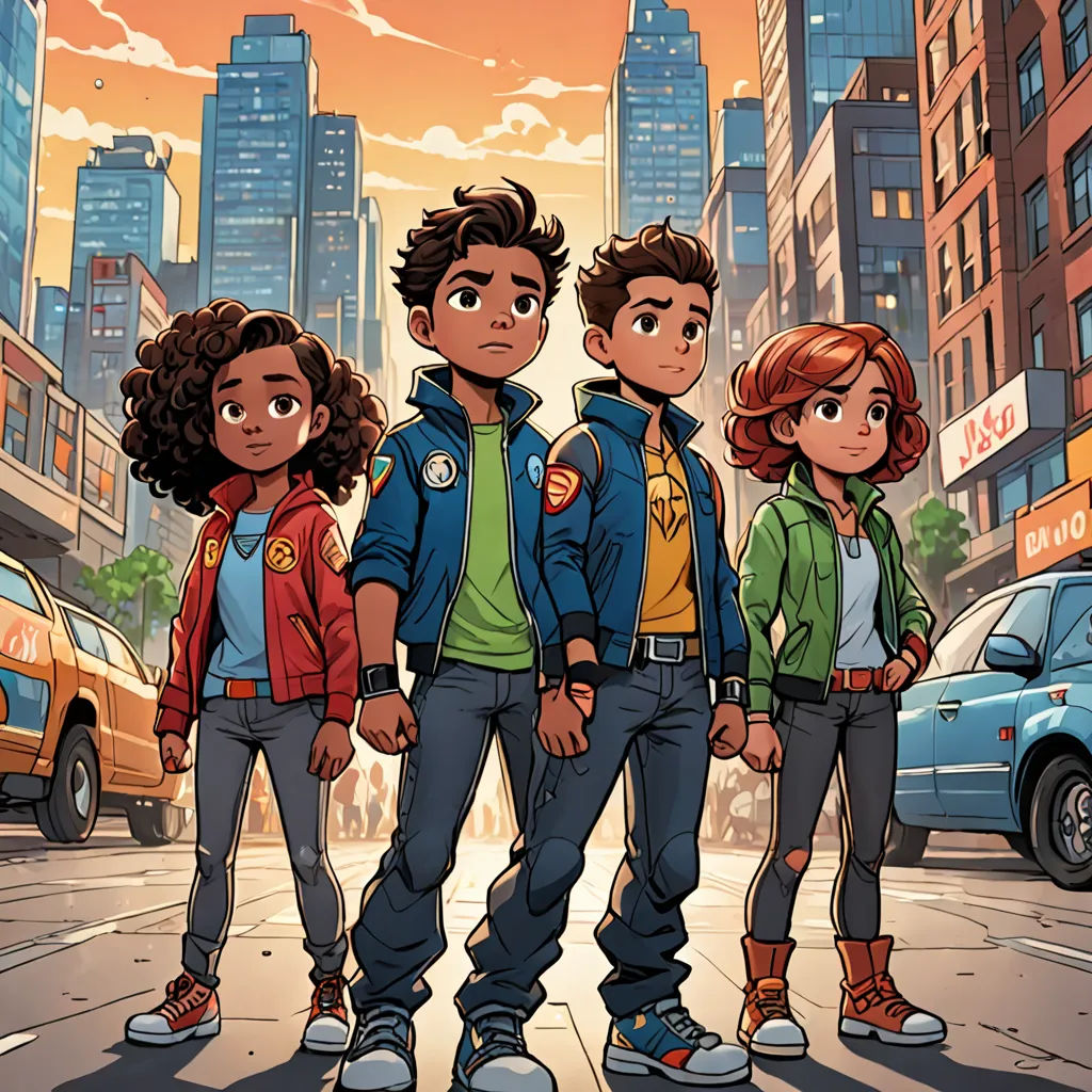 a group of people standing on a street next to a tall building with a city in the background and a car in the foreground, harlem renaissance, a comic book panel, Altichiero, comic cover art