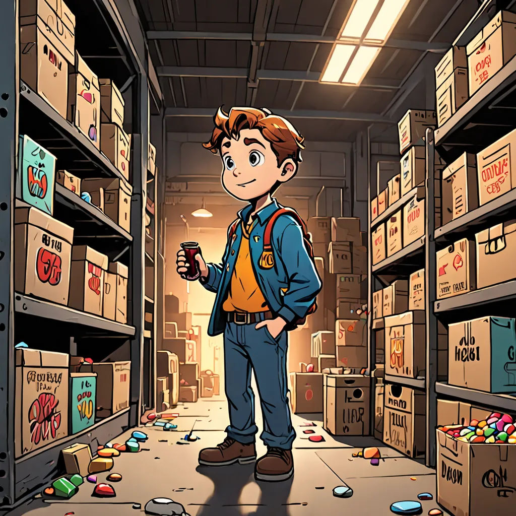 a boy standing in a room with boxes and boxes on the floor and a cell phone in his hand, private press, a comic book panel, Cliff Childs, official art