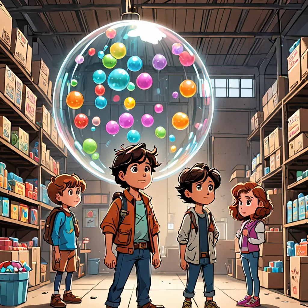 a group of kids standing in a store looking at bubbles in a bubble ball above them are a man and a woman, sots art, poster art, Diego Gisbert Llorens, key art
