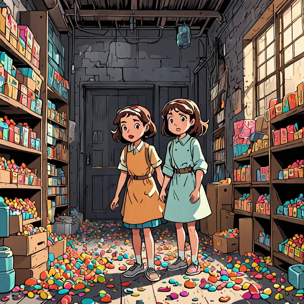 two girls standing in a room full of candy and candy flakes on the floor and shelves full of candy, serial art, poster art, Aya Goda, official art