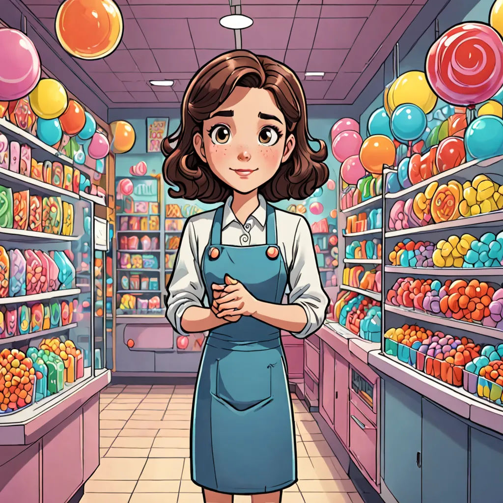 a woman in a store with balloons and balloons on the shelves behind her is a woman in a blue apron, american scene painting, a comic book panel, Clarice Beckett, official art