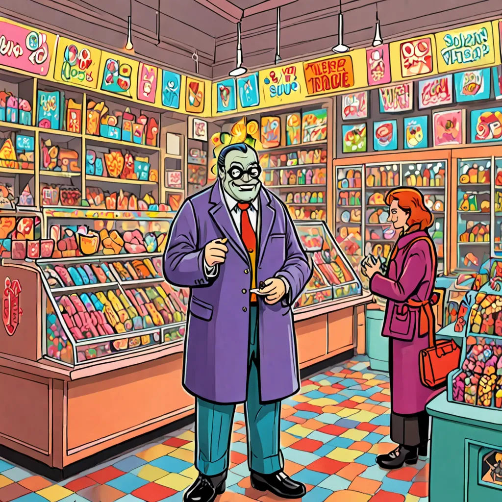 a man in a purple coat and a woman in a pink coat in a candy store with a checkered floor, figurativism, a comic book panel, Asaf Hanuka, promotional image