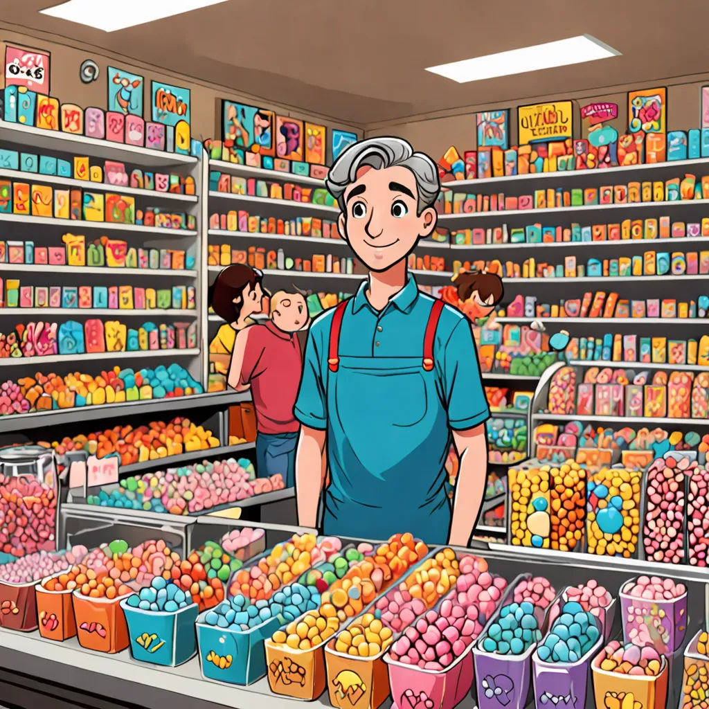 a man standing in a store with a bunch of candy in front of him and a woman behind him, remodernism, a comic book panel, Asaf Hanuka, official art