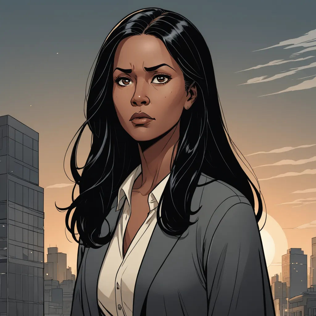 a woman in a business suit standing in front of a cityscape at sunset with a cityscape in the background, harlem renaissance, a character portrait, Eve Ryder, comic cover art