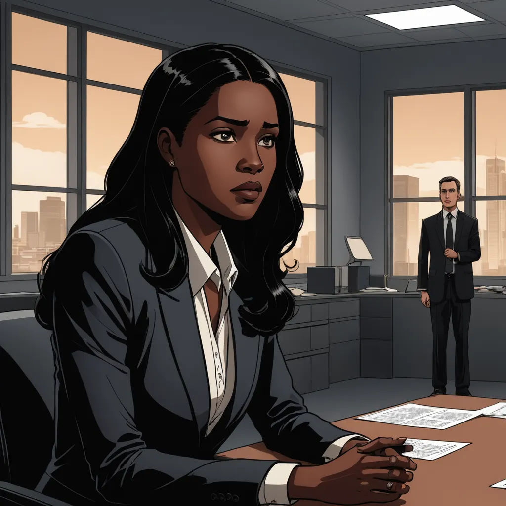 a woman in a suit sitting at a desk in an office with a man standing behind her in the background, serial art, a comic book panel, Eve Ryder, graphic novel