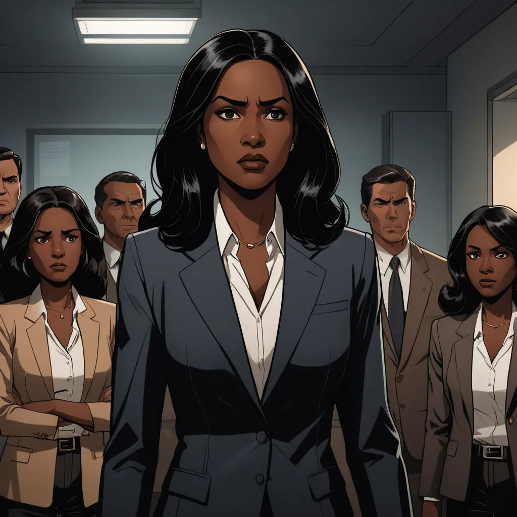 a woman in a suit standing in front of a group of people in a room with a door open, harlem renaissance, a comic book panel, Barron Storey, graphic novel
