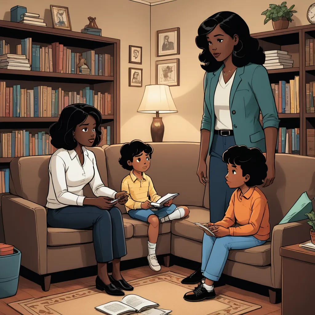 a woman and two children are sitting on a couch in a living room with a bookcase and a lamp, american scene painting, a storybook illustration, Alexis Simon Belle, graphic novel