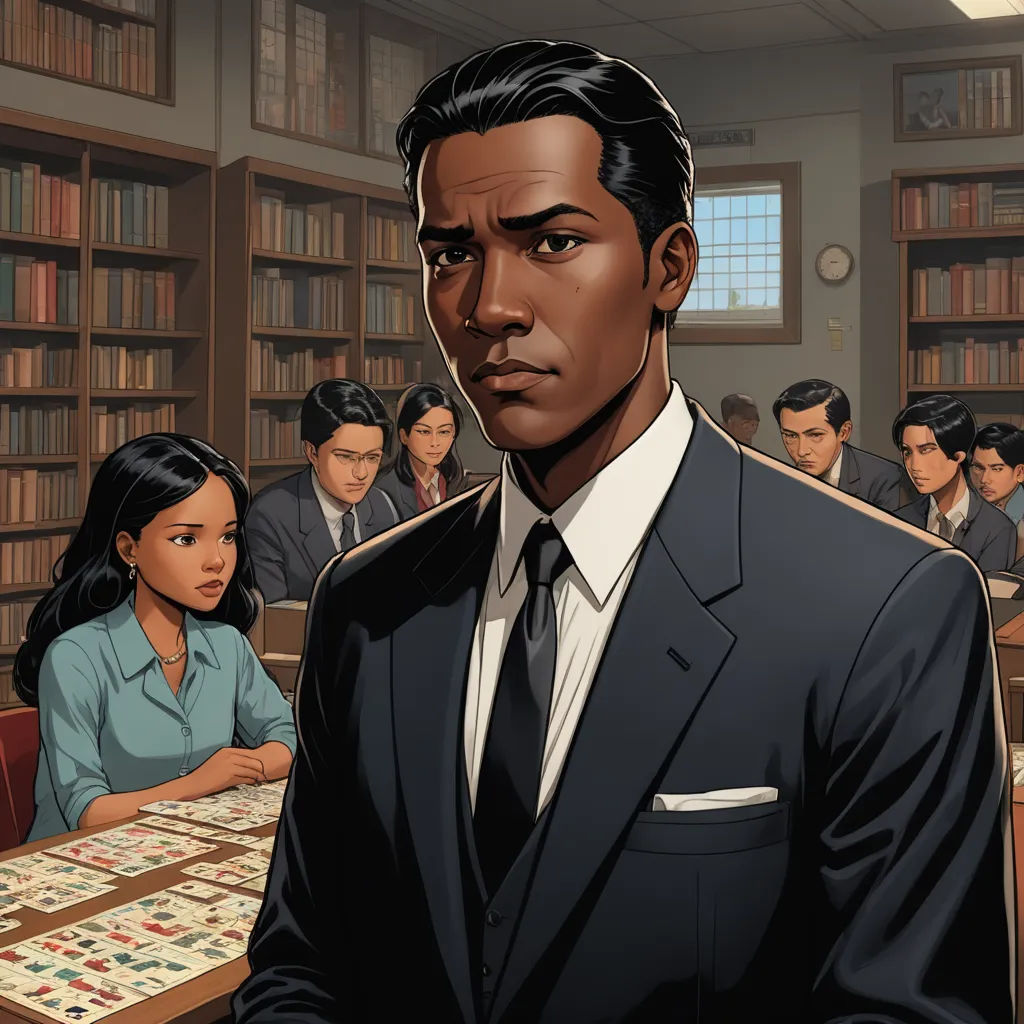 a man in a suit standing in front of a table with a game on it and people sitting around, harlem renaissance, a comic book panel, Allan Brooks, official art