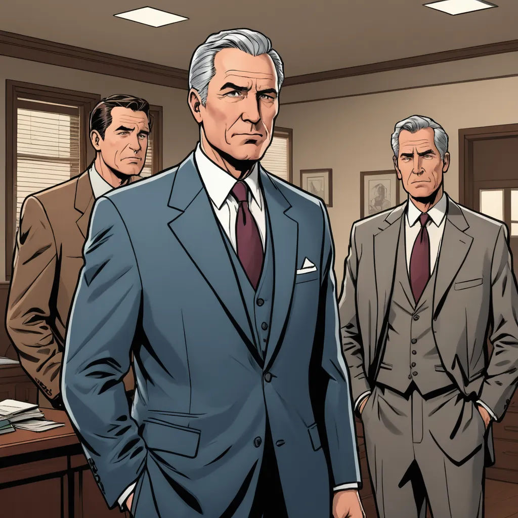 a group of men in suits standing in a room with a desk and a window behind them, with a man in a suit and tie, process art, a comic book panel, Barron Storey, graphic novel