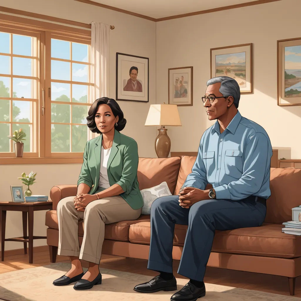 a painting of a man and woman sitting on a couch in a living room with a lamp on the table, american scene painting, a digital rendering, F. Scott Hess, promotional image