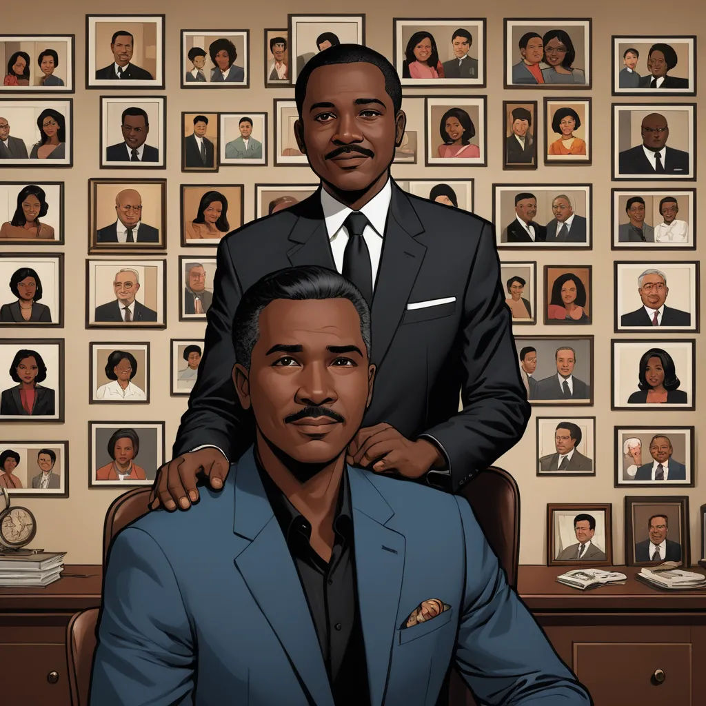 a man is getting his picture taken by a man in a suit and tie with a picture of him on the wall, harlem renaissance, an album cover, Allan Brooks, graphic novel