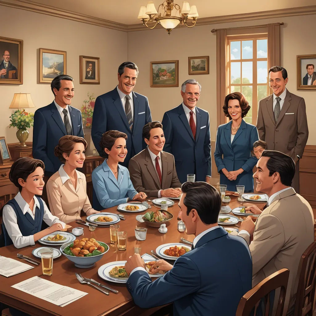 a group of people sitting around a table eating food and drinking beer and smiling at each other while a man in a suit stands at the end of the table, american realism, a storybook illustration, F Scott Hess, official art