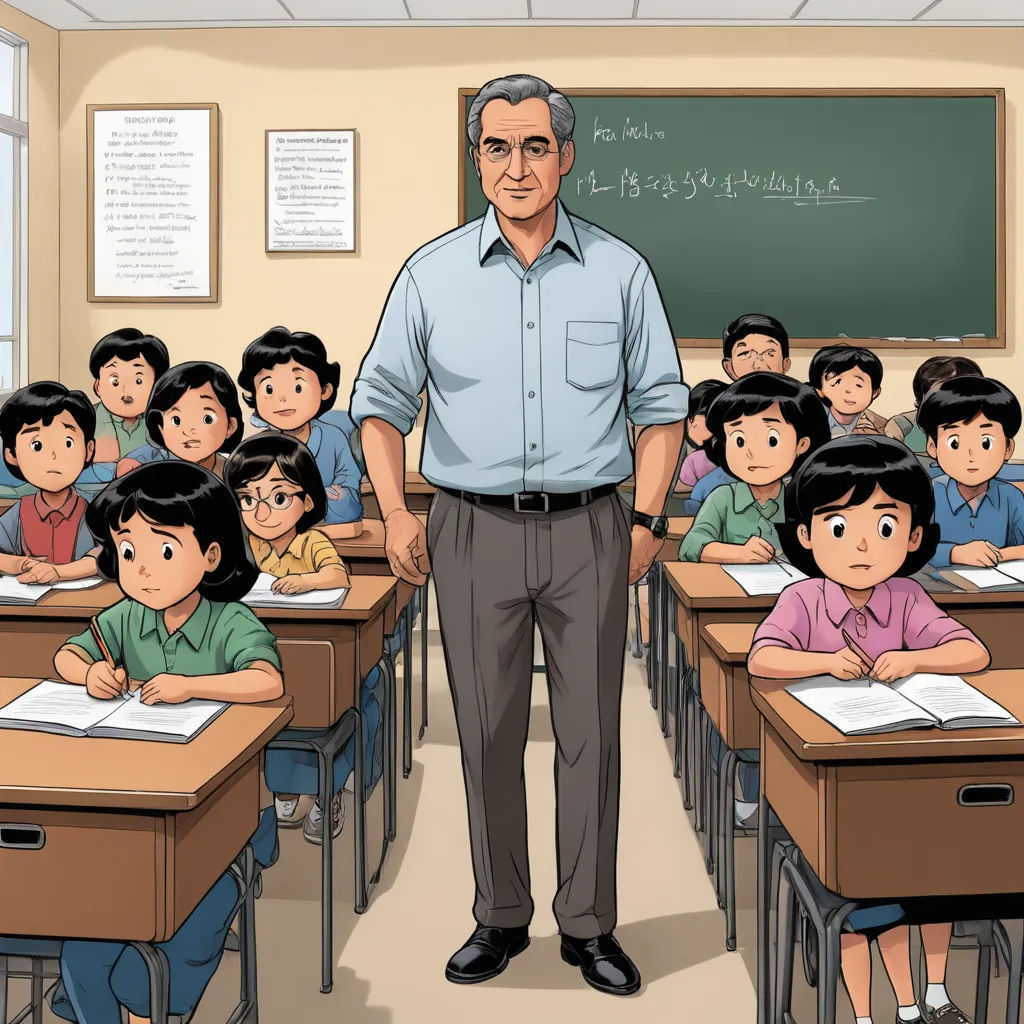 a man standing in front of a classroom full of students with a chalkboard behind him and a chalkboard behind him, precisionism, a manga drawing, Adam Manyoki, official art