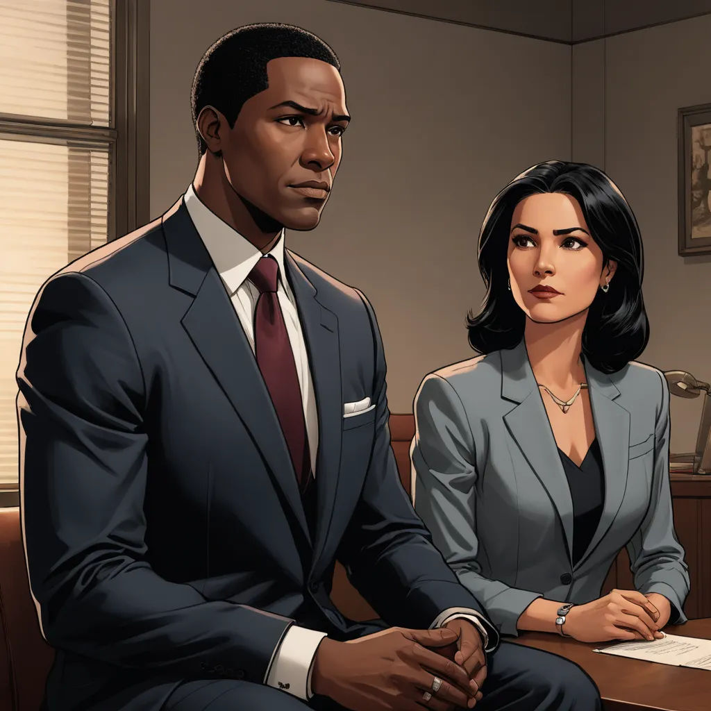 a man and a woman sitting at a desk in a courtroom, one of them is looking at the camera, american scene painting, a comic book panel, Everett Warner, official art