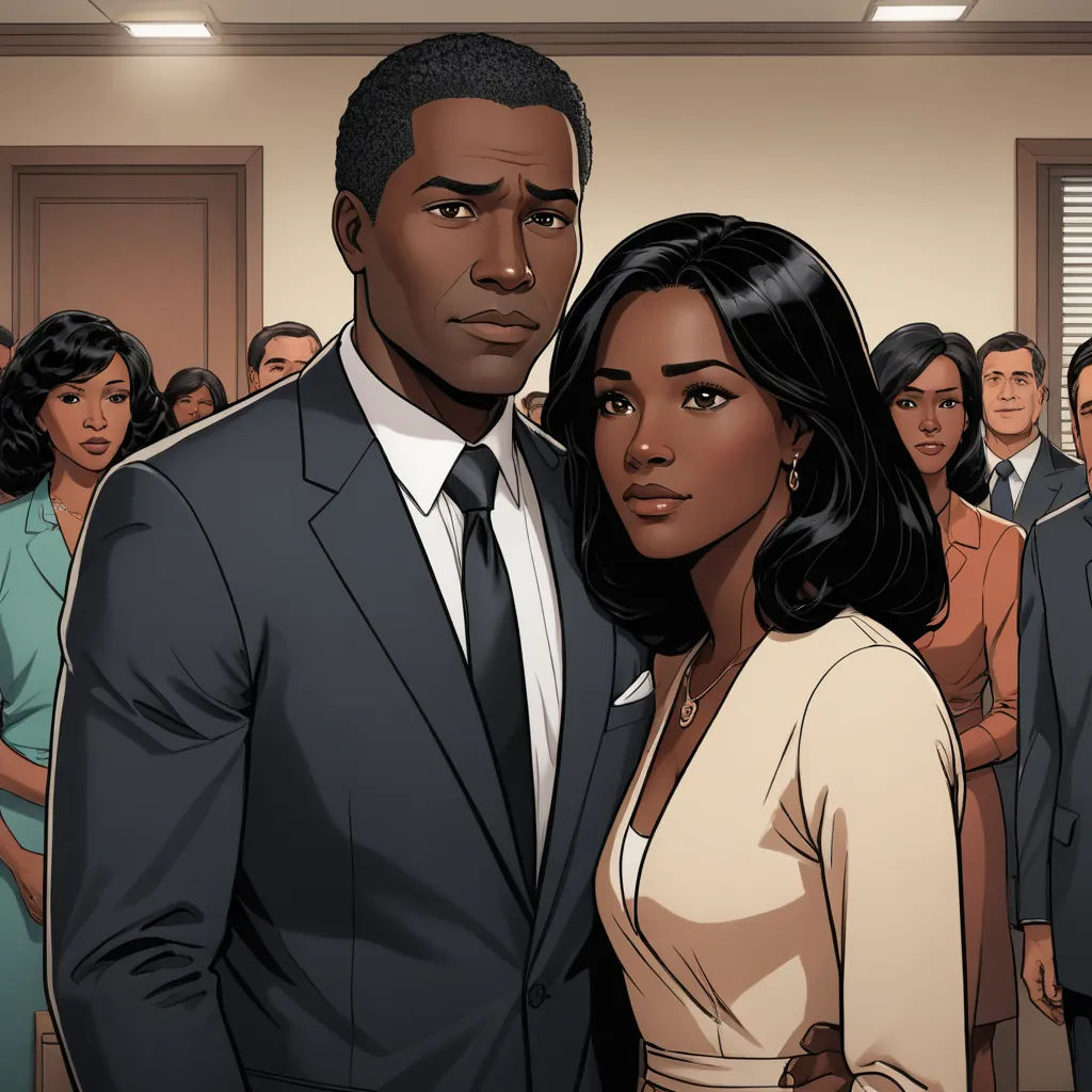 a man and woman standing in front of a crowd of people in a room with a door open and a man in a suit and tie, harlem renaissance, a comic book panel, Cedric Seaut (Keos Masons), graphic novel