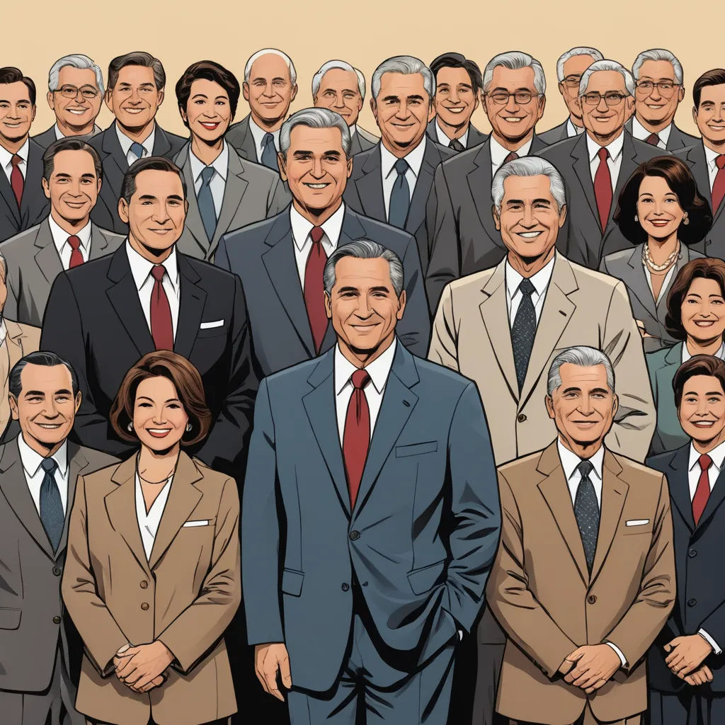 a group of people in suits and ties standing together in front of a wall with a portrait of president obama, figurativism, a cartoon, F Scott Hess, cgi
