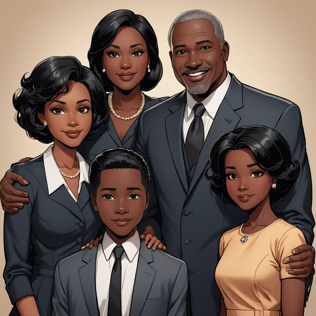 a family portrait of a black man, woman, and child in a suit and tie, with a white background, harlem renaissance, concept art, Cedric Seaut (Keos Masons), graphic novel