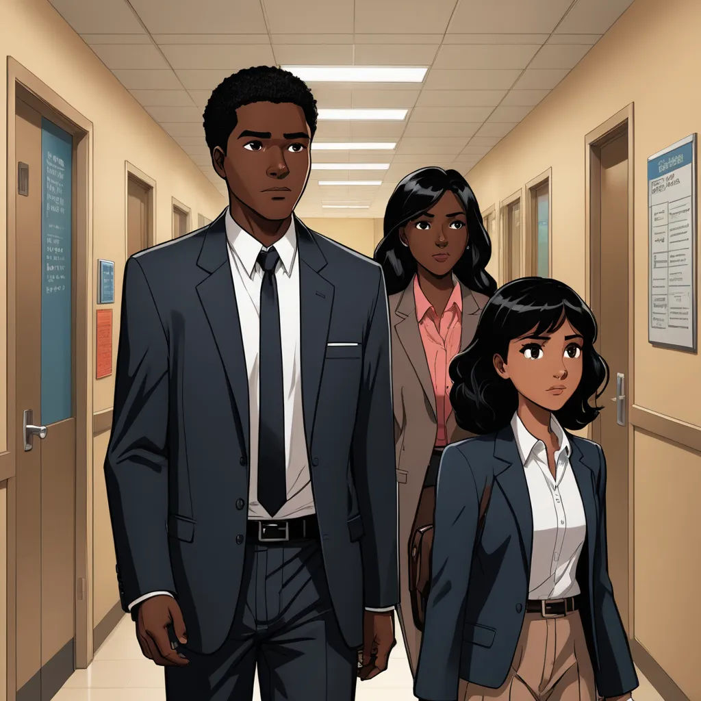 a man and two women walking down a hallway in a suit and tie, with a man in a suit and tie, harlem renaissance, a comic book panel, Cedric Seaut (Keos Masons), graphic novel