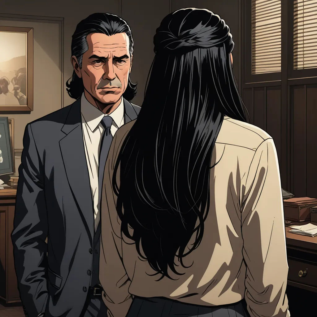 a man and a woman standing in a room looking at each other and talking to each other, with a man in a suit and tie on the other side of the man, serial art, a comic book panel, Eddie Mendoza, official art