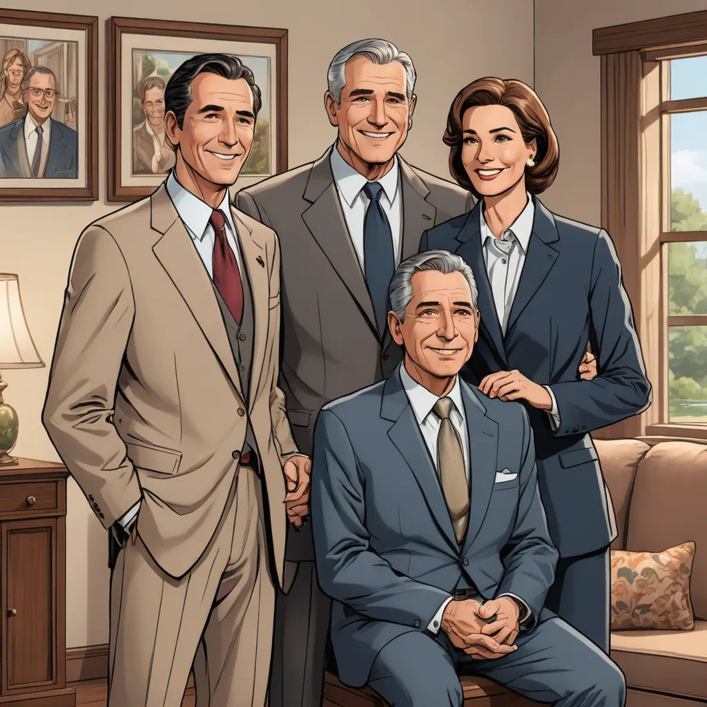 a family portrait of three people and a man in a suit and tie, standing in a living room, american realism, a comic book panel, F Scott Hess, official art
