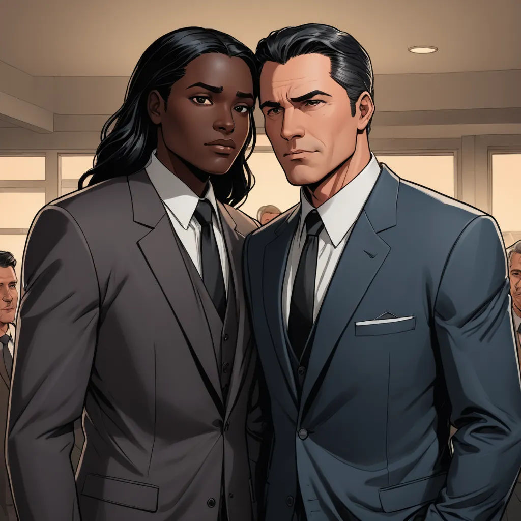 a couple of people standing next to each other in a room with people in suits and ties on the floor, harlem renaissance, a comic book panel, Eve Ryder, official art
