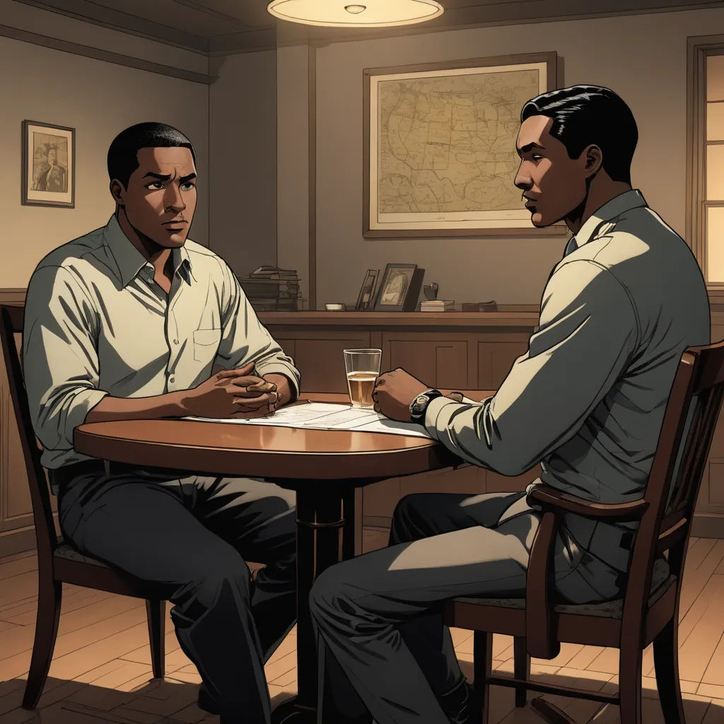 two men sitting at a table in a room with a map on the wall behind them and a map on the wall, harlem renaissance, a comic book panel, Cedric Seaut (Keos Masons), graphic novel