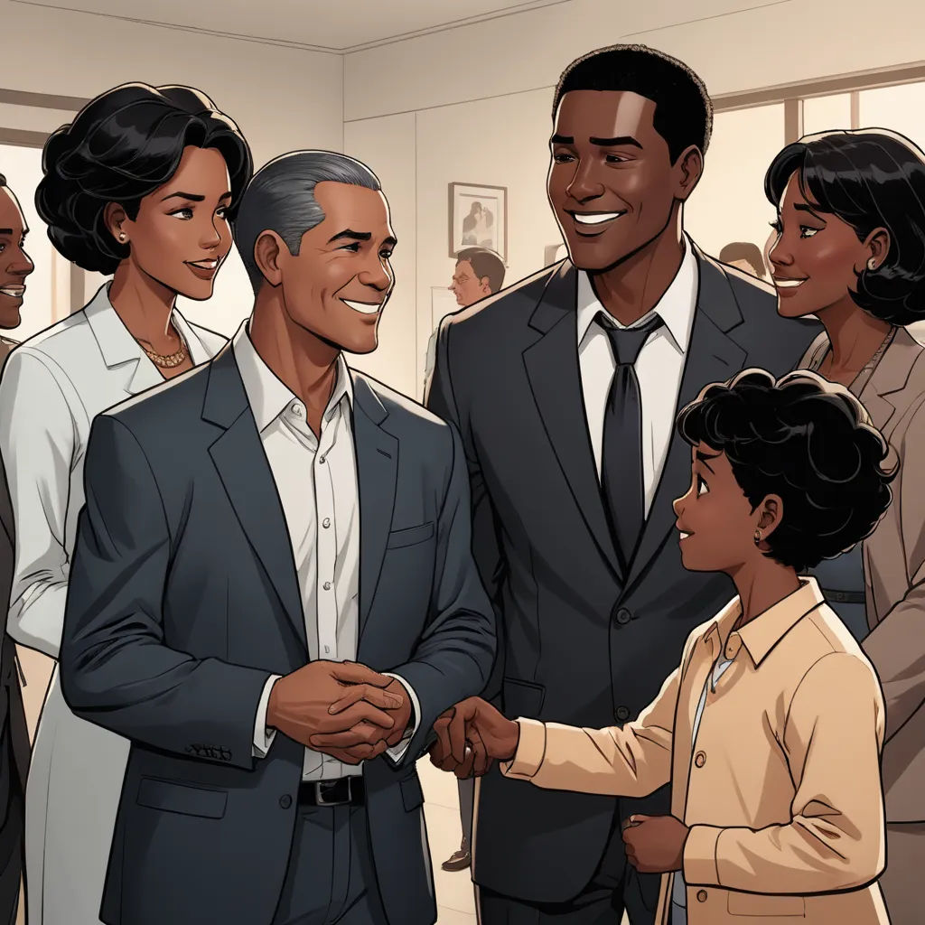 a cartoon of a man shaking hands with a woman and a man in a suit and tie, and other people in the background, american realism, a comic book panel, Allan Brooks, graphic novel