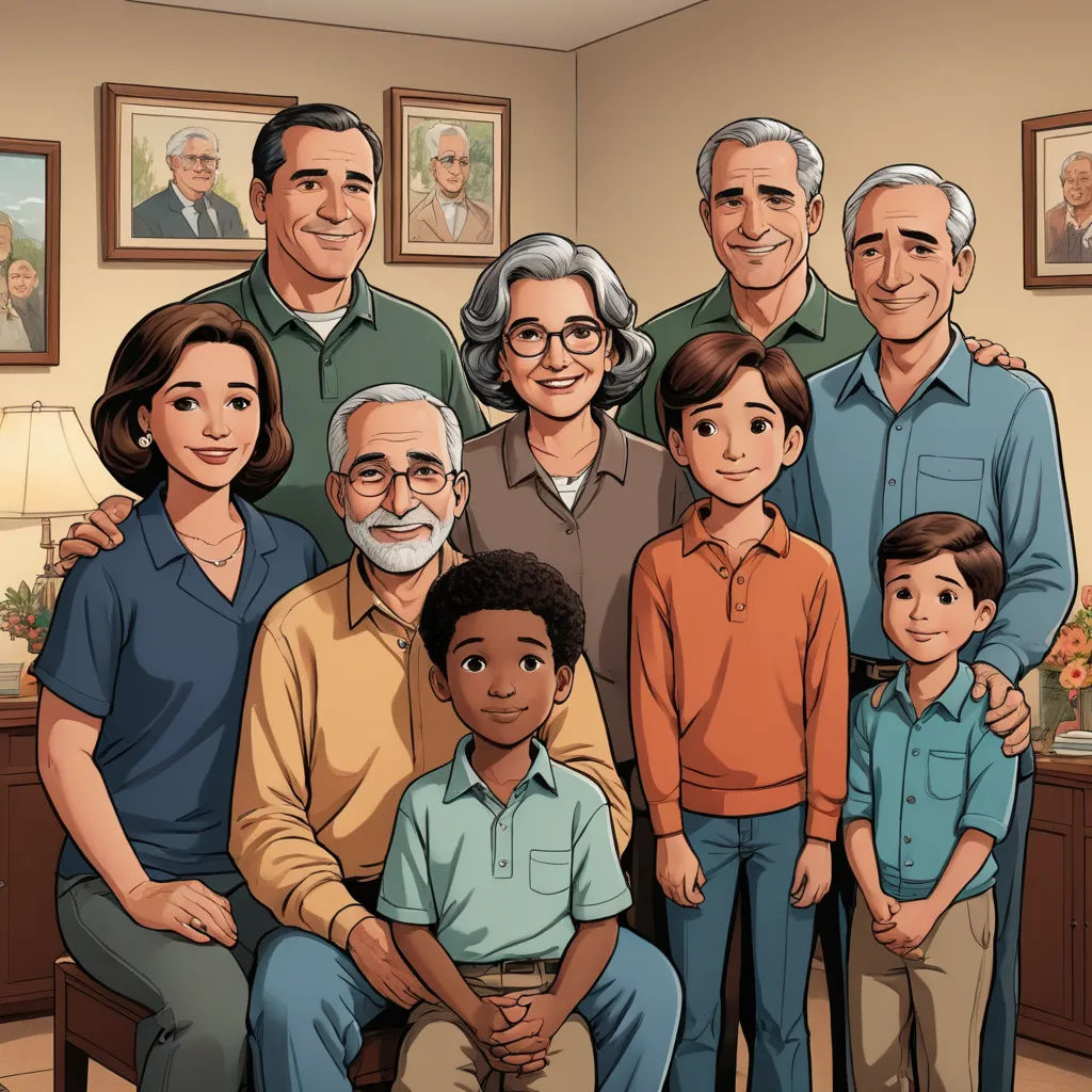a family portrait with a man and woman and two children and two adults and two children are standing in front of a family portrait, sots art, a comic book panel, Asaf Hanuka, promotional image