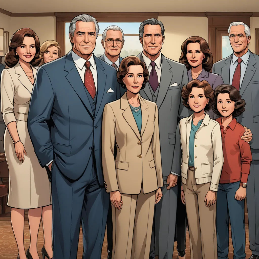 a group of people standing in a room with a cartoon of them in suits and ties, and a man in a suit, american realism, a comic book panel, F Scott Hess, official art