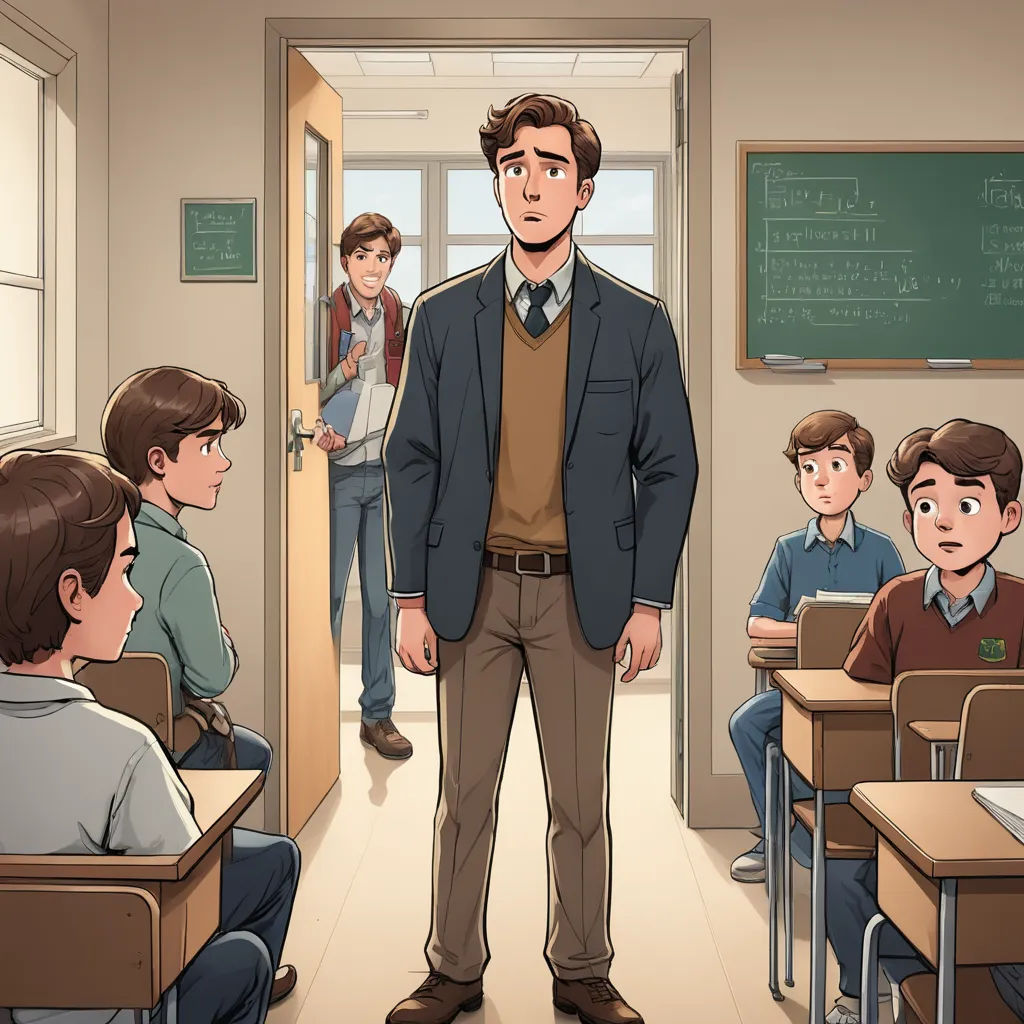 a man standing in front of a classroom full of students in front of a chalkboard with a chalkboard on it, serial art, concept art, Clark Voorhees, 2 d game art