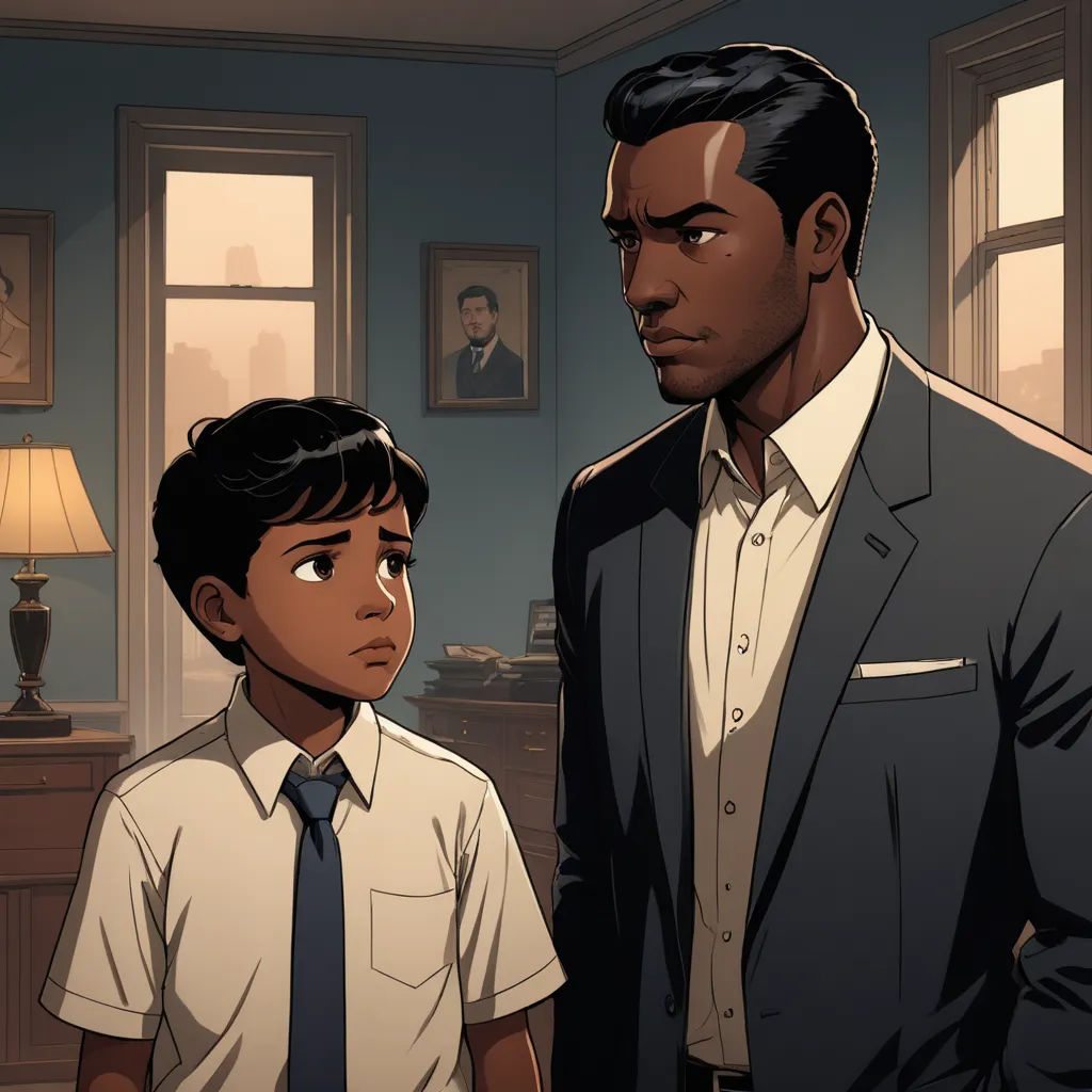 a man and a boy standing in a room with a lamp on the wall and a picture of a man on the wall, harlem renaissance, a comic book panel, Everett Warner, graphic novel