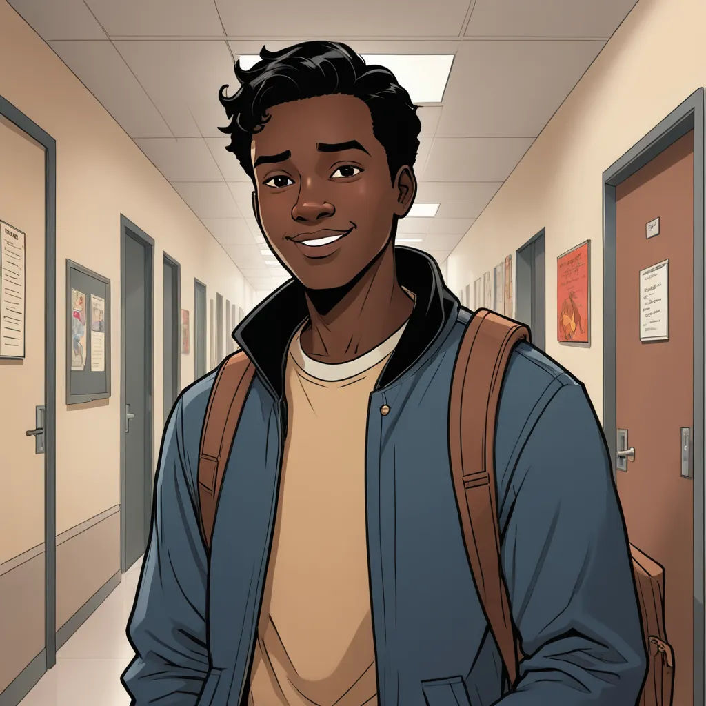 a cartoon of a man in a hallway with a backpack on his back and a backpack on his shoulder, sots art, a character portrait, Cedric Seaut (Keos Masons), character portrait