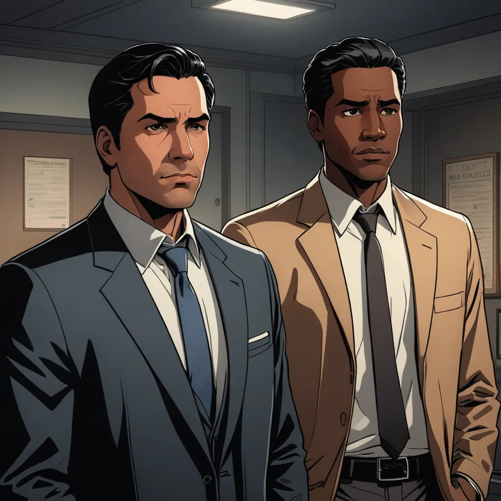 two men in suits standing in an office setting with a clock on the wall behind them and a sign on the door, serial art, a comic book panel, Allan Brooks, official art