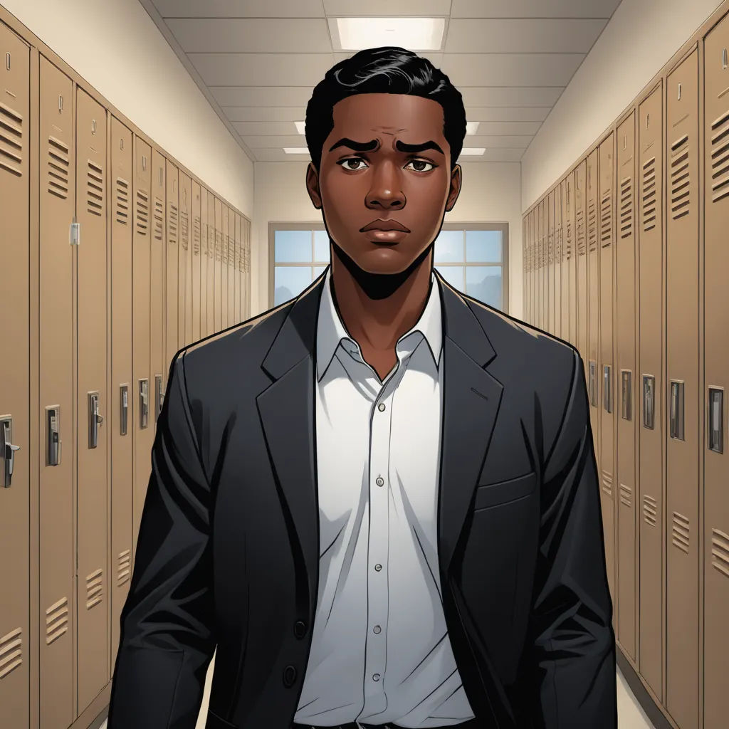 a man in a suit standing in a hallway between lockers with doors open and a window on the side, harlem renaissance, a character portrait, Cedric Seaut (Keos Masons), character portrait