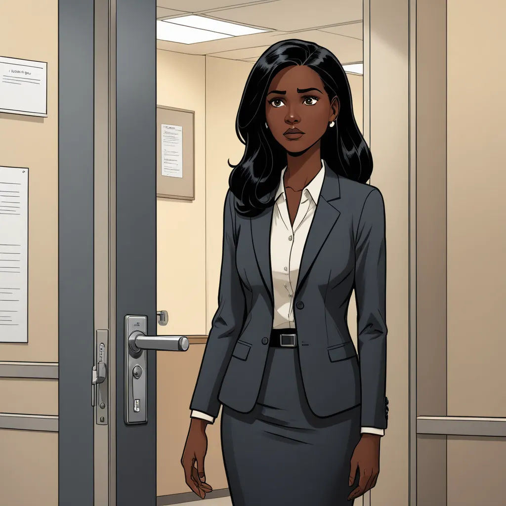 a cartoon of a woman in a suit standing in a doorway of an office building with a door open, serial art, a character portrait, Cedric Seaut (Keos Masons), maya